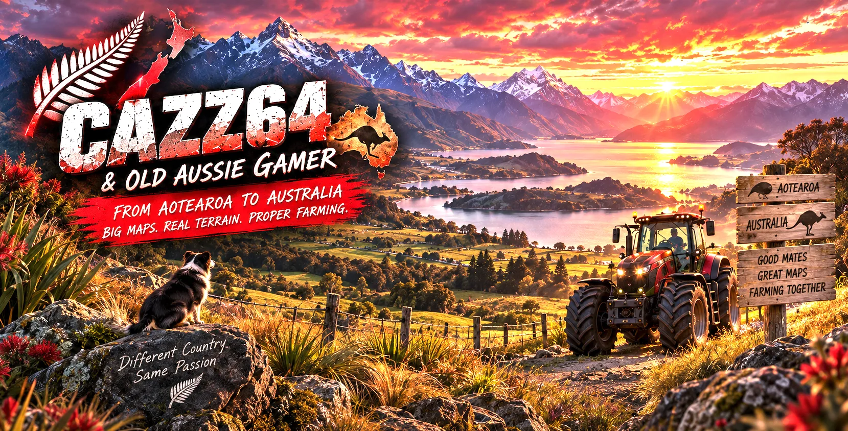 Sunset over a New Zealand lake and snow-capped mountains. A red tractor sits on a farm track beside a collie, silver fern, and a signpost for Aotearoa and Australia. The artwork reads CAZZ64 and Old Aussie Gamer.