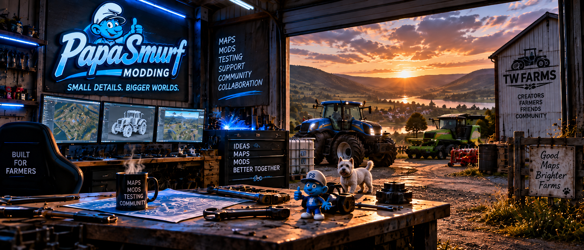 PapaSmurf Modding workshop overlooking a sunset farm, with a blue tractor, green harvester, TW Farms barn and small white dog.