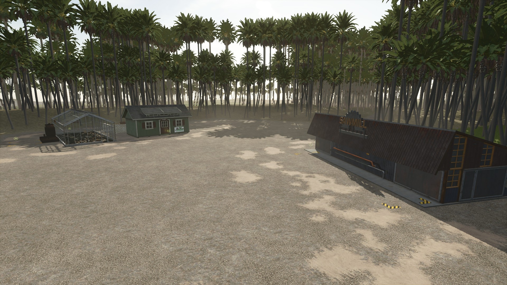 Palm trees and island buildings