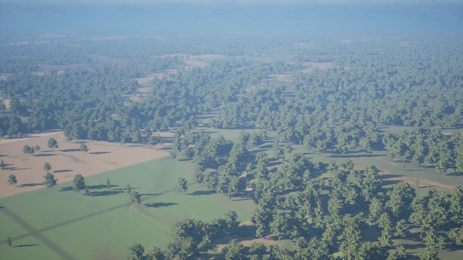 Unreal Engine render of an 8 km terrain pipeline test tile with real elevation data and rule-placed trees