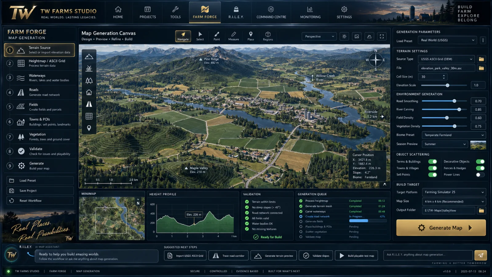 Farm Forge map-generation canvas, shown as context for the Fox Farms AI map-development milestone