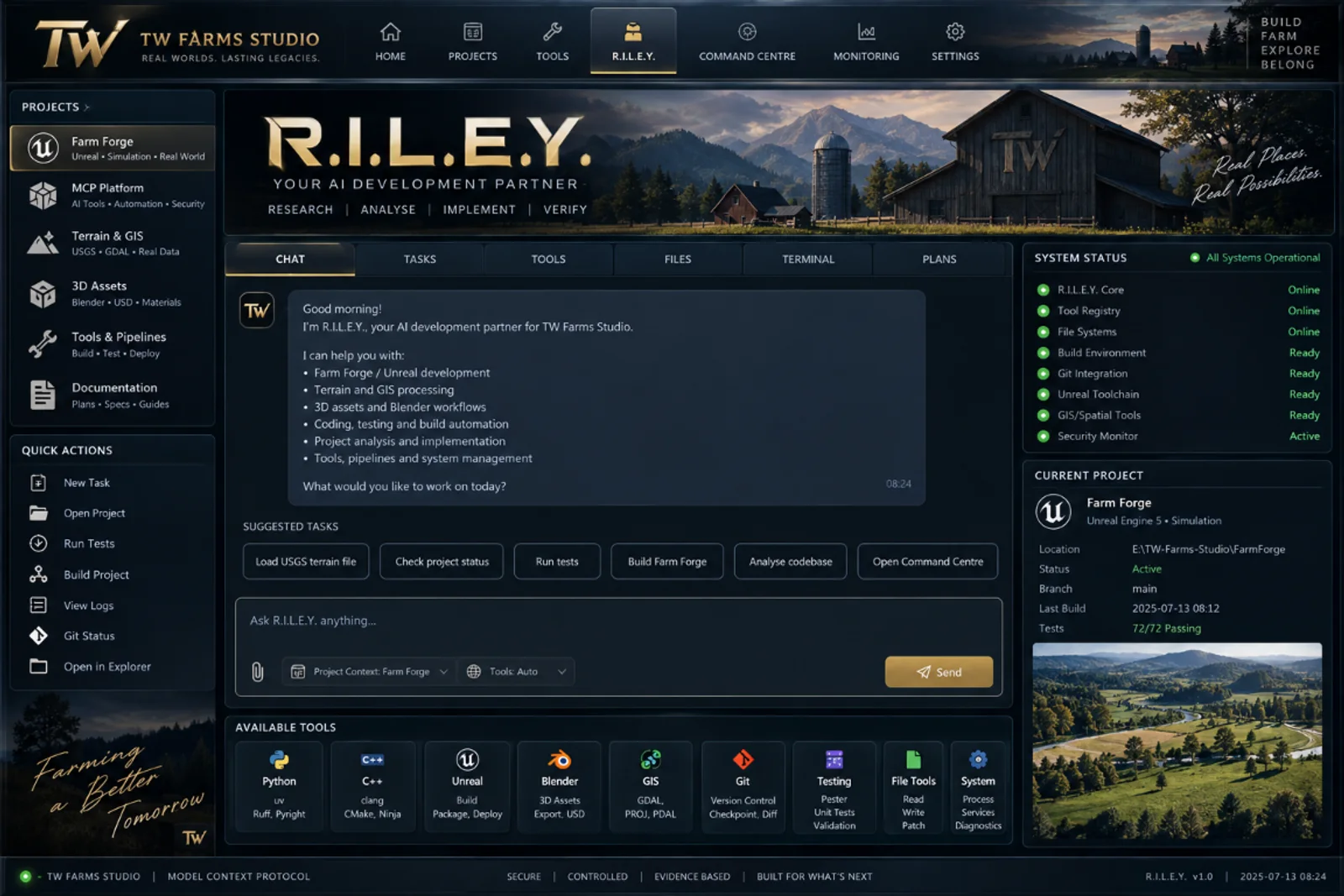 R.I.L.E.Y. Command Centre chat interface inside TW Farms Studio