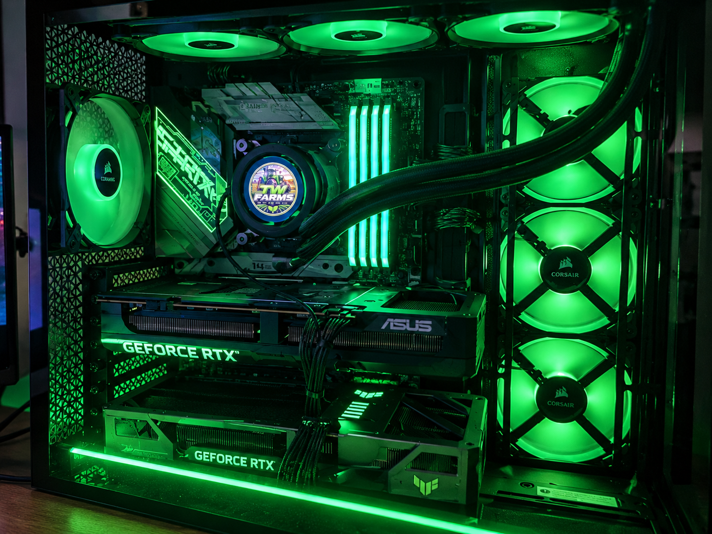 Illuminated TW Farms dual-GPU Command Centre workstation with two ASUS TUF GeForce RTX graphics cards